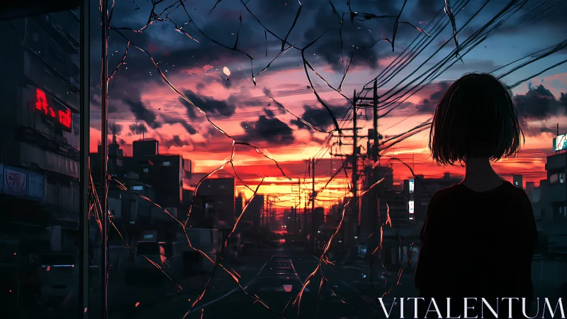 Shattered dusk horizon over neon city streets and lone dreamer.