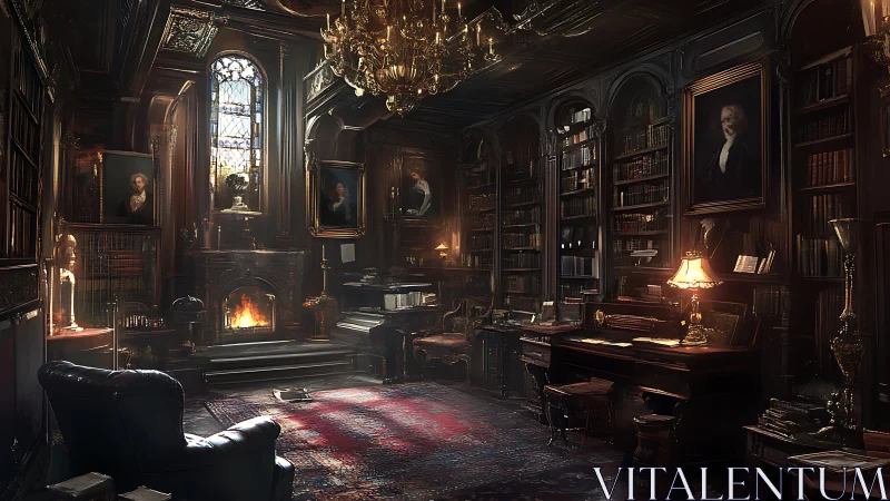 Dimly lit classical library interior with fireplace and desks.