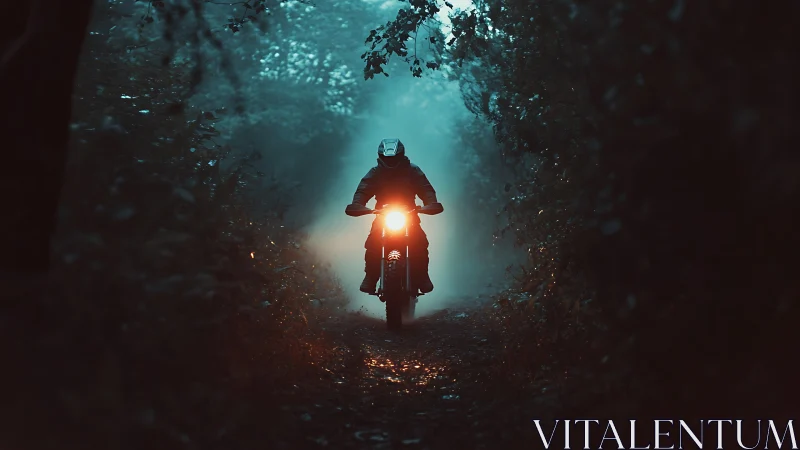 Motorcyclist rides through misty forest tunnel at night