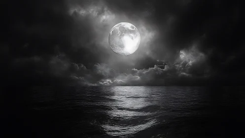 Monochrome full moon above dark ocean under clouds.
