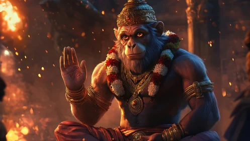 Divine monkey warrior in temple ruins with raised blessing hand.