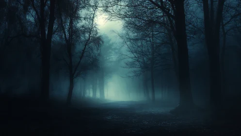Moonlit misty forest path breathes eerie nocturnal calm