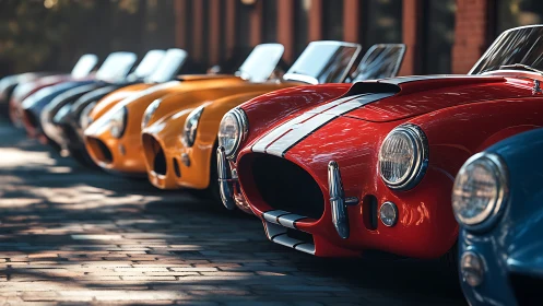 Classic sports roadsters parked in vivid color lineup.