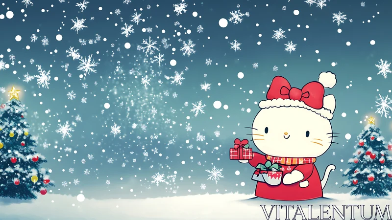 Cute Christmas cat character holds gifts in snowy landscape