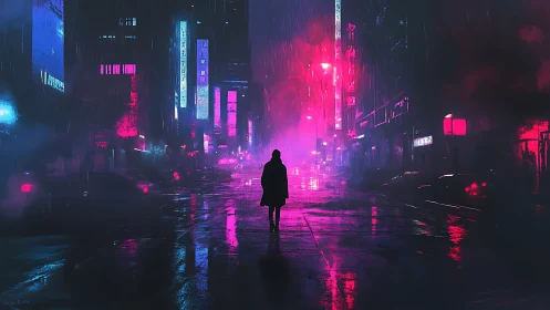 Solitary figure in neon-lit rainy urban street at night period.