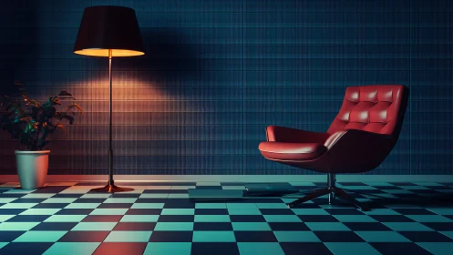 Cozy red lounge chair glowing under soft lamplight.