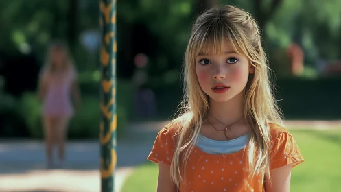 Gentle summer portrait of a thoughtful girl in orange.