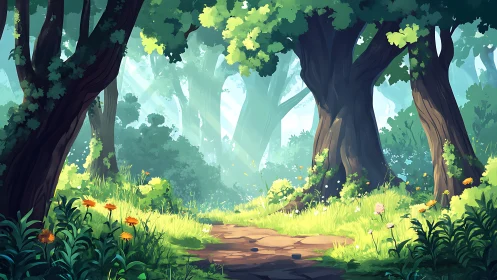Sunlit Forest Glade with Ancient Trees and Wildflowers.