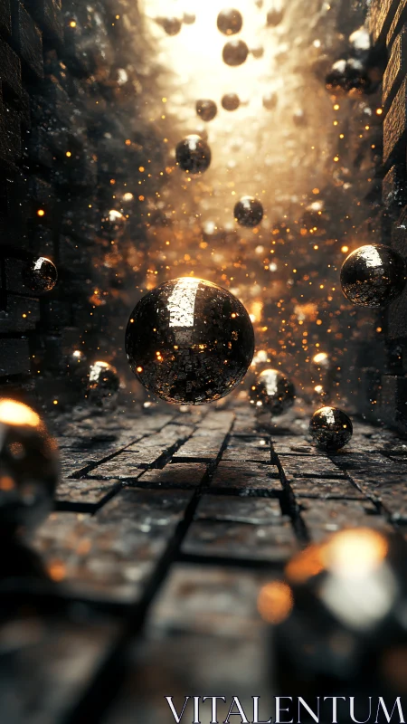 Gleaming orbs drift through a molten corridor of broken stone.