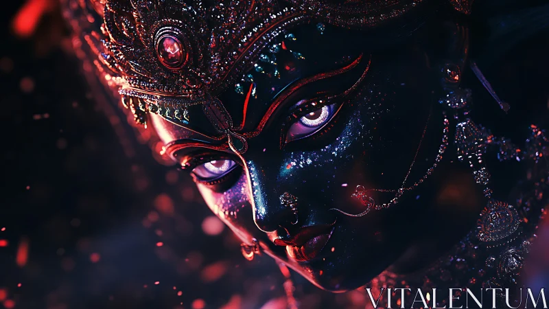 Intense close-up of jeweled dark goddess digital portrait.