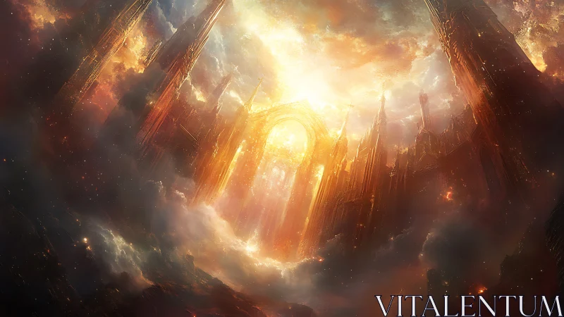 Radiant celestial citadel rises through stormlit cosmic clouds