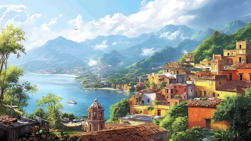 Digital painting of terraced coastal village and misty mountains.