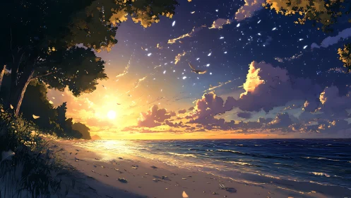 Sunlit anime shoreline under glowing twilight sky.