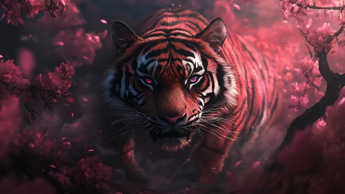 Tiger moves forward through dense pink foliage in mist
