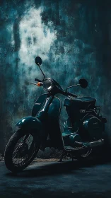 Vintage teal scooter parked against textured dark wall.