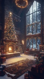 Cozy winter lodge glowing with twinkling holiday warmth.