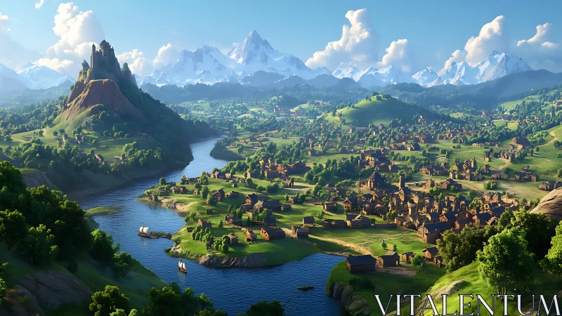 Expansive medieval river valley with fortified hilltop castle.