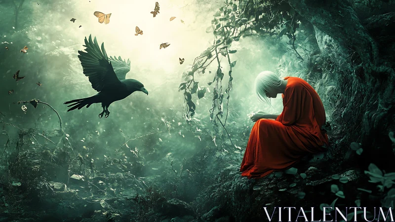 Forest of hush and crows around the girl in ember robes.