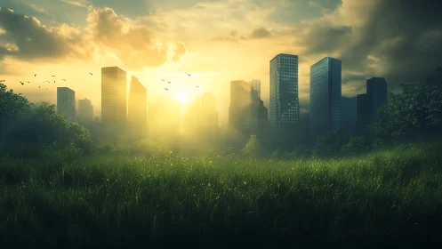 Urban skyline beyond overgrown grass under low sun.