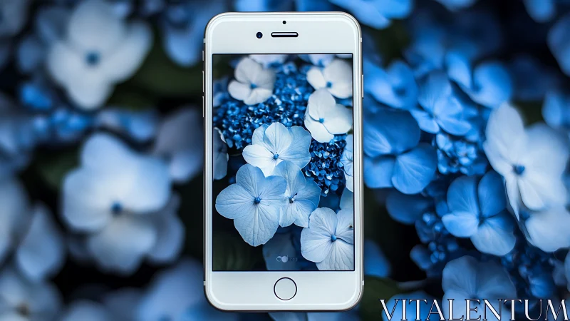 White Smartphone Displaying Blue Hydrangea Flowers Composition
