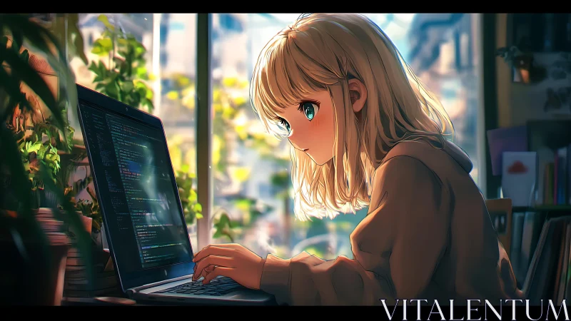 Sunlit coder girl immersed in cozy green home office.