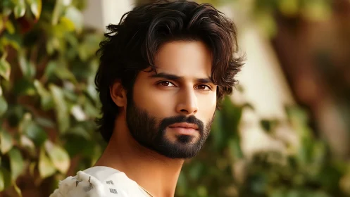 Handsome bearded man gazes softly amid sunlit greenery