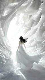 Woman in flowing white dress crossing luminous ice corridor.