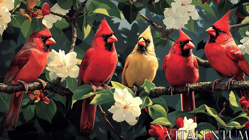 Five Colorful Cardinals on Blossoming Branches, Realistic Nature Art.