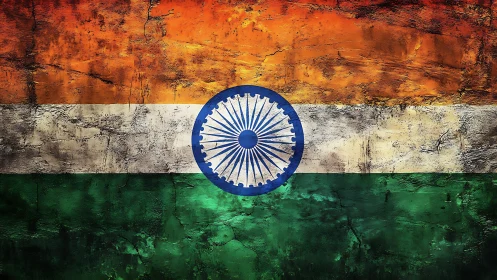 Weathered tricolor wall lets the Indian Ashoka Chakra blaze