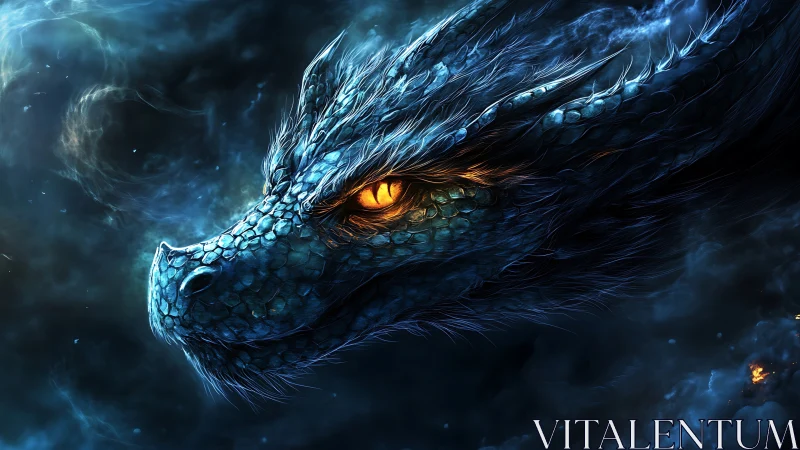 Bioluminescent blue dragon head with glowing amber eye in nebula