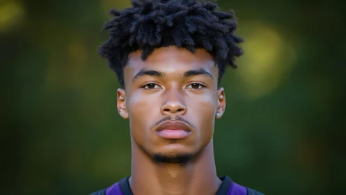 Portrait of focused young man in soft green bokeh light.