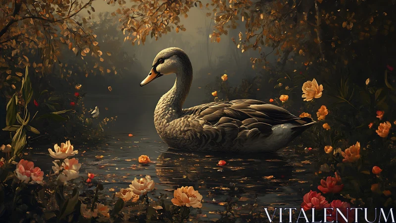 Autumn swan adrift in candlelit petals and woodland hush.