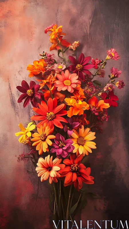 Vibrant Daisy Bouquet Against Weathered Rust Background.