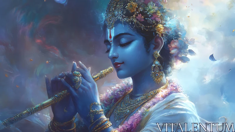 Blue divine flutist in swirling pastel celestial hush.