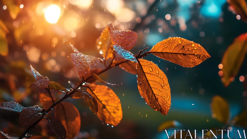 Golden backlit leaves with raindrops in evening bokeh field.