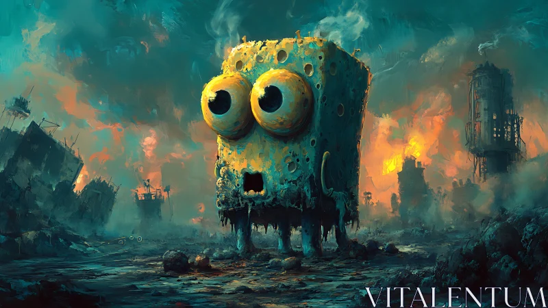 Surreal sponge-like creature in apocalyptic ruins scene.