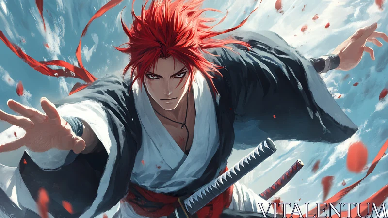 Red haired swordsman in dynamic airborne motion study.
