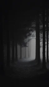 High contrast forest corridor rendered in deep monochrome haze