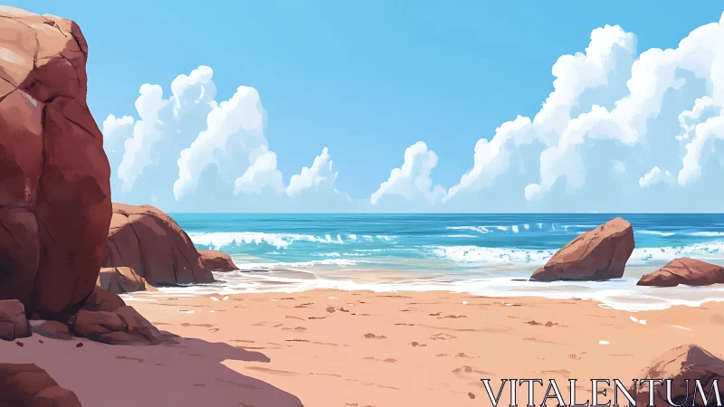 Digital coastal seascape with stratified rock formations.