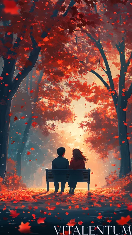 Couple on Bench Beneath Autumn Canopy at Sunset