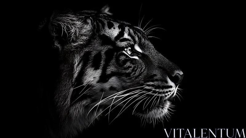 Black and white tiger profile on dark background.