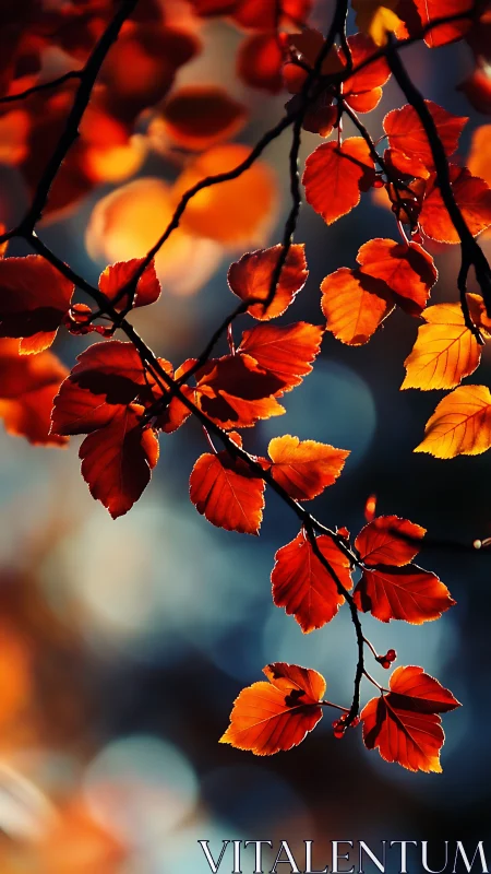 Backlit autumn beech foliage in high-contrast bokeh study.