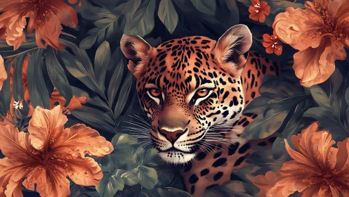 Leopard’s golden gaze emerges from lush tropical blooms