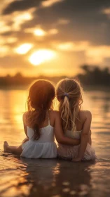Sunlit sisters embracing beside a glowing lakeside sunset.
