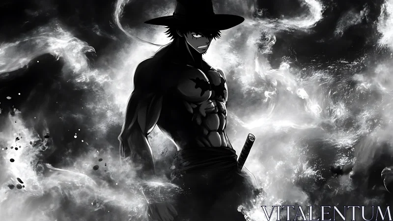 Stormlit ronin in ink-black smoke and silver firestorm.