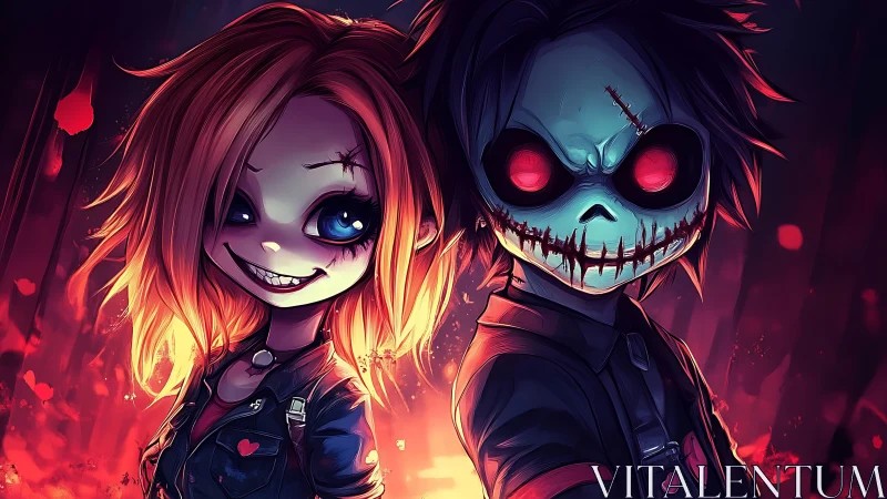 Grinning nightmare duo pose amid candy-colored embers