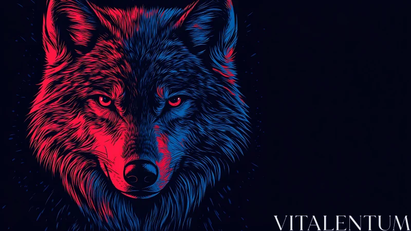Neon wolf portrait in dual red blue lighting on black background.