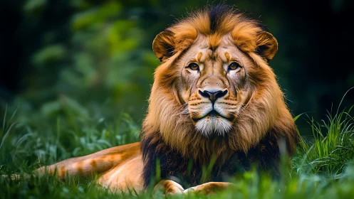 Majestic forest lion reclines in emerald hush of dusk.