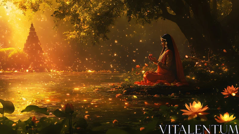 Mystic riverside meditation beneath firelit temple glow.