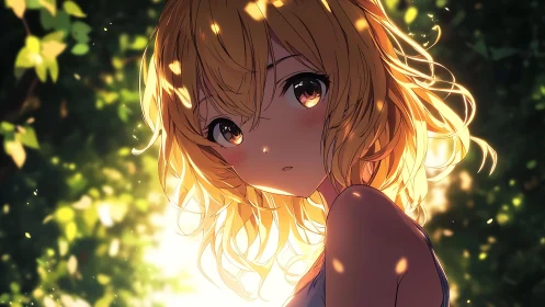 Blonde anime girl in backlit forest environment at sunset.
